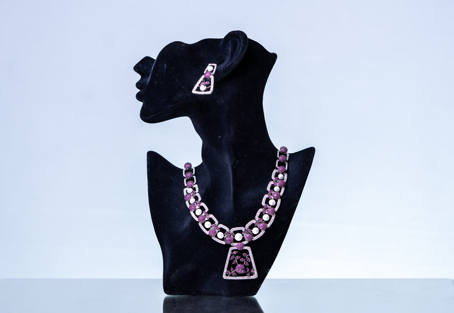 Pink and White Nano Setting American Diamonds Zirconia with Real Pearl Studded Designer Necklace