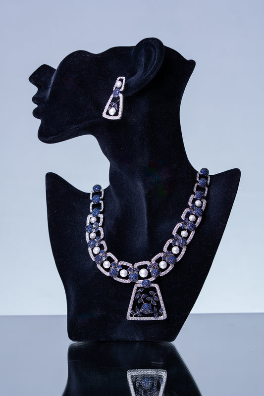 Blue and White Nano Setting American Diamonds Zirconia with Real Pearl Studded Designer Necklace