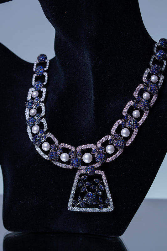 Blue and White Nano Setting American Diamonds Zirconia with Real Pearl Studded Designer Necklace