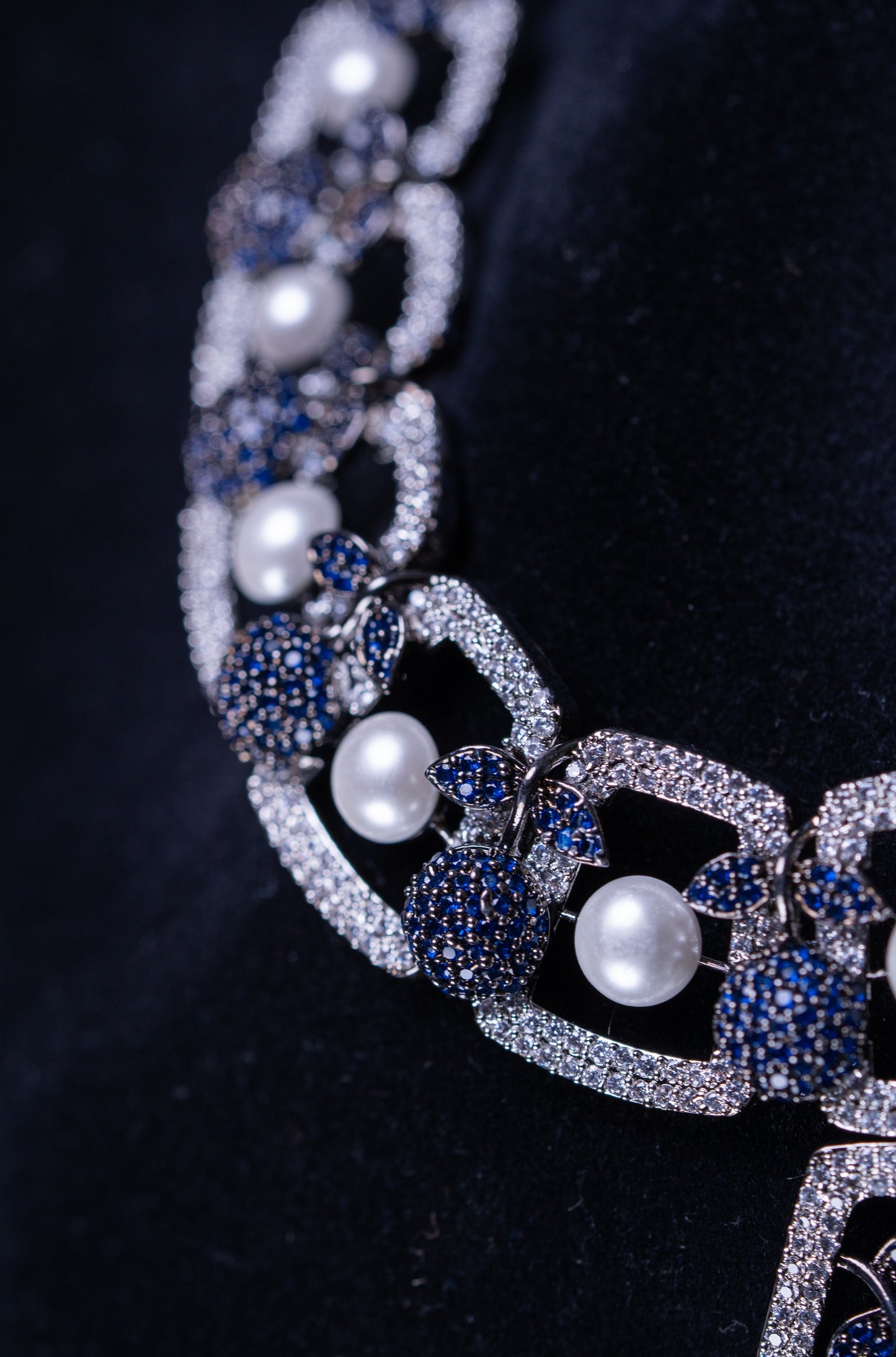 Blue and White Nano Setting American Diamonds Zirconia with Real Pearl Studded Designer Necklace