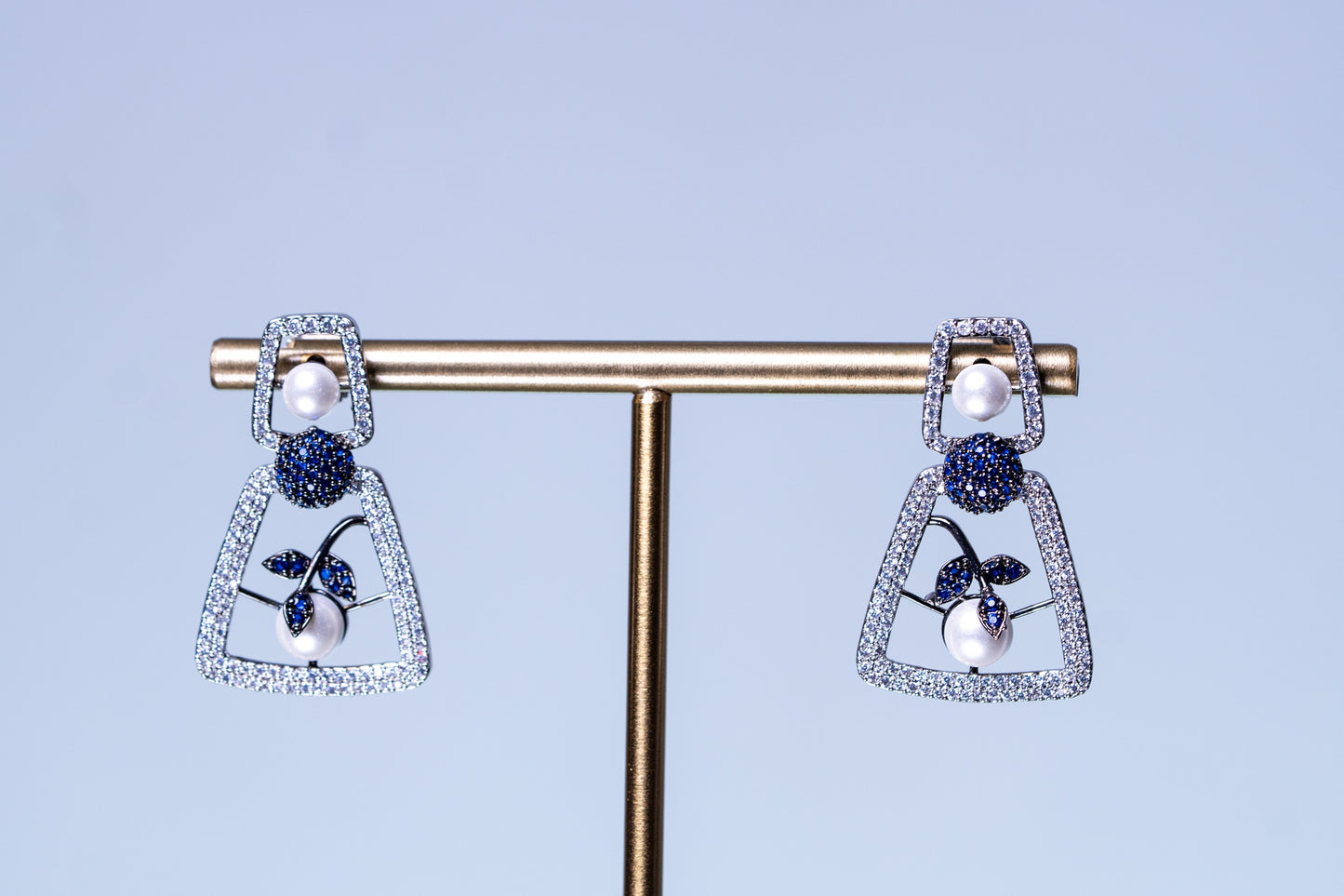 Blue and White Nano Setting American Diamonds Zirconia with Real Pearl Studded Designer Necklace