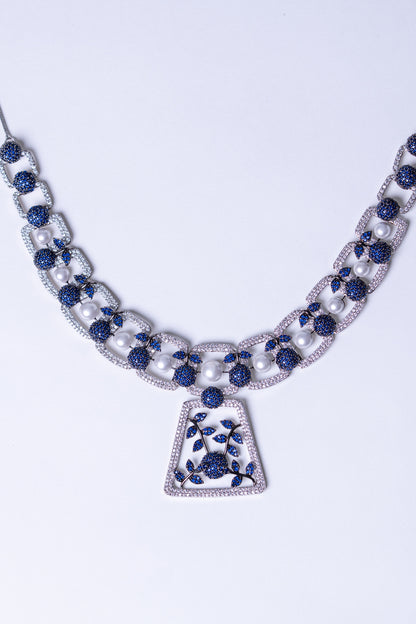 Blue and White Nano Setting American Diamonds Zirconia with Real Pearl Studded Designer Necklace
