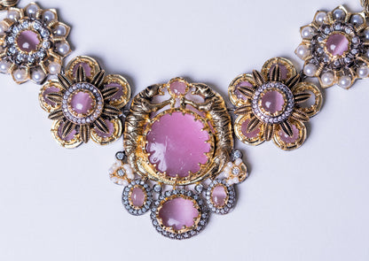 Pink Premium Gemstone with Pearls, American Diamond and Polki Work Necklace