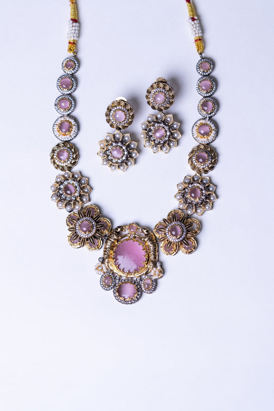 Pink Premium Gemstone with Pearls, American Diamond and Polki Work Necklace