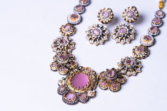 Pink Premium Gemstone with Pearls, American Diamond and Polki Work Necklace
