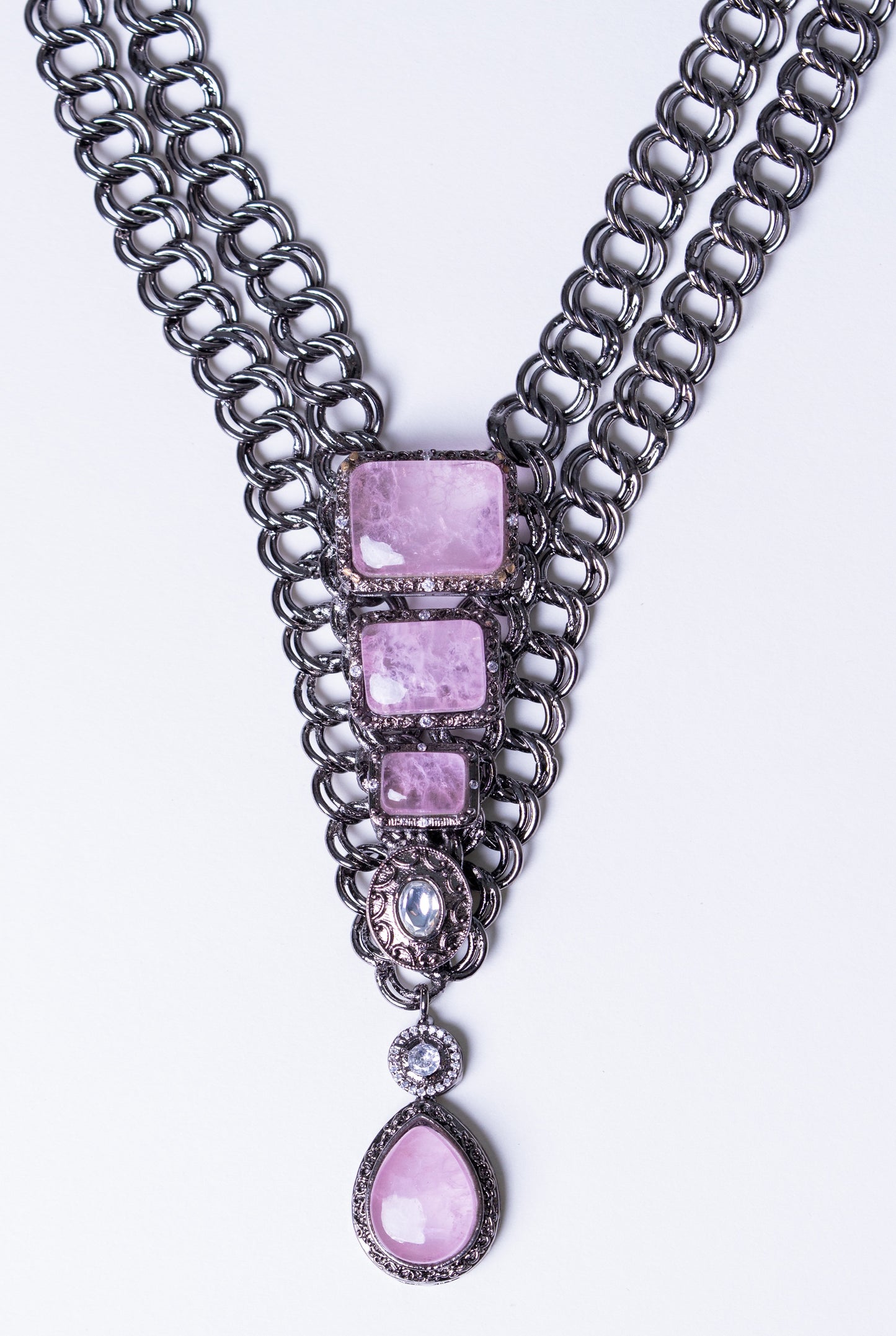 French Pink Doublet Stones with Oxidized Silver Plating Western Necklace