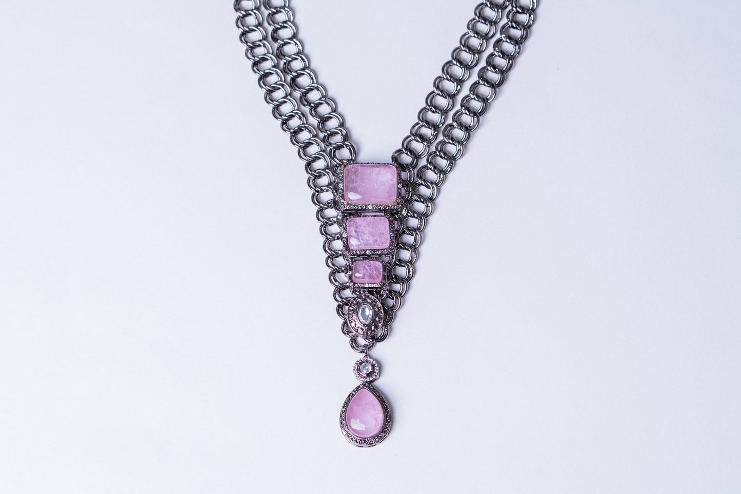 French Pink Doublet Stones with Oxidized Silver Plating Western Necklace