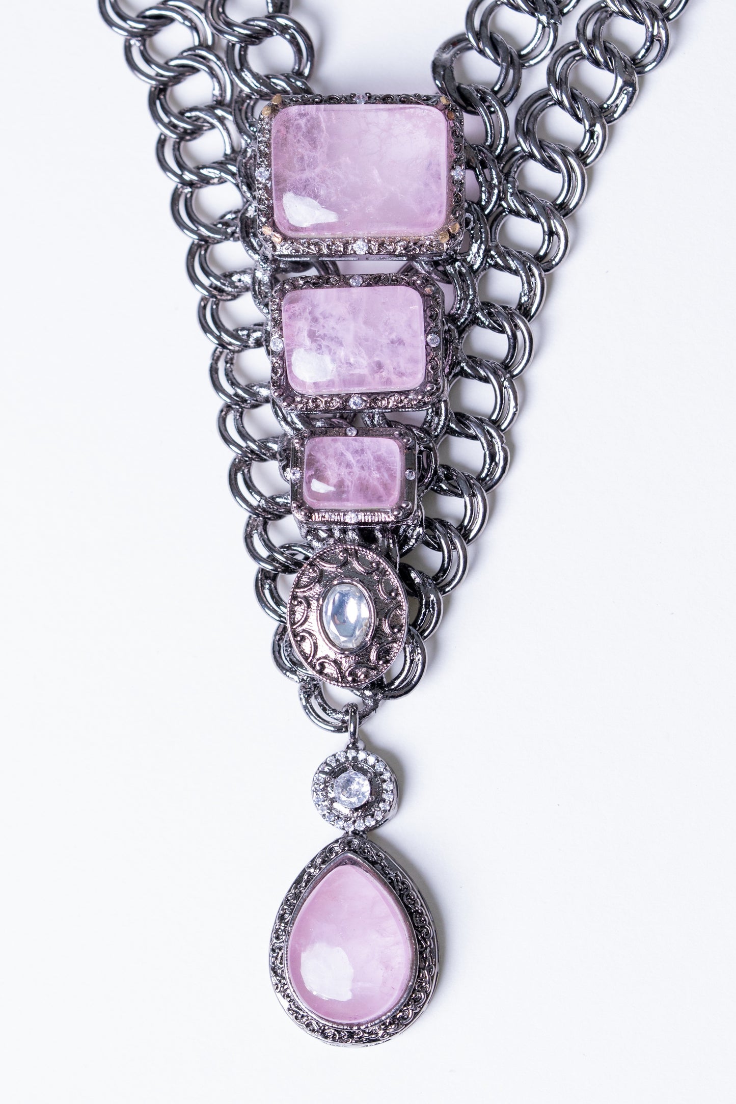 French Pink Doublet Stones with Oxidized Silver Plating Western Necklace