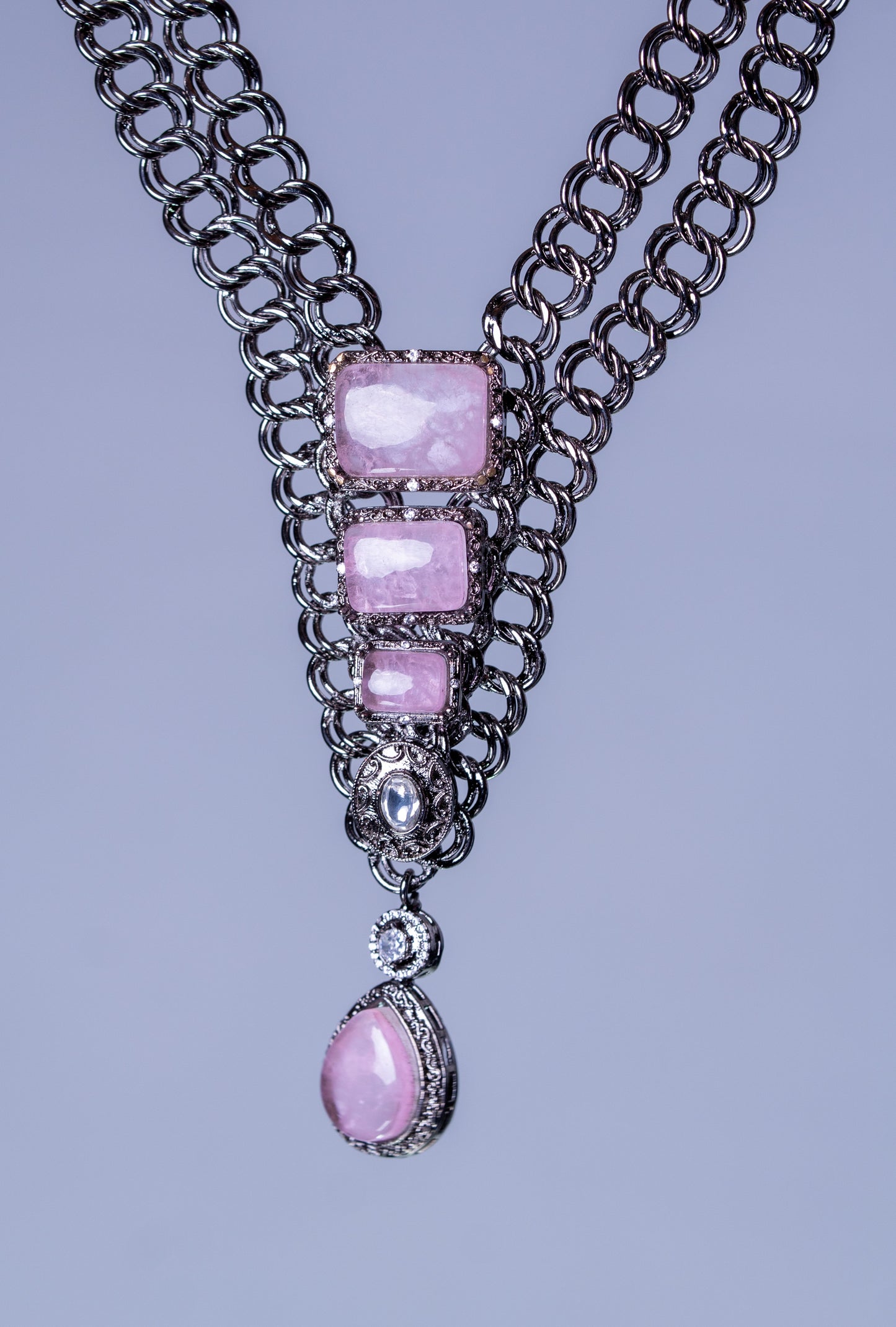 French Pink Doublet Stones with Oxidized Silver Plating Western Necklace