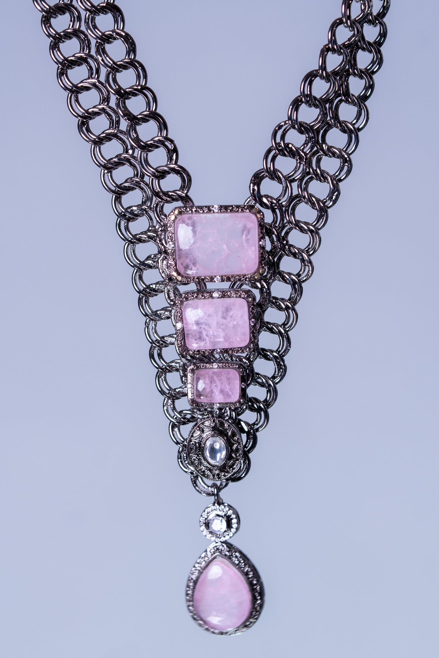 French Pink Doublet Stones with Oxidized Silver Plating Western Necklace