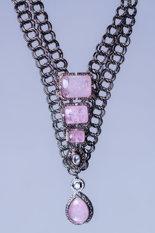 French Pink Doublet Stones with Oxidized Silver Plating Western Necklace