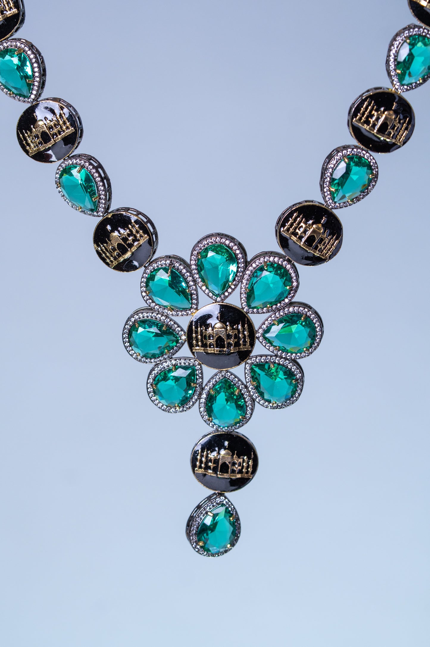 Emerald Green with American Diamonds Zirconia and Black Enamel Mughal Heritage Designer Necklace