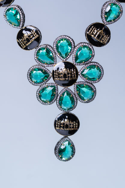 Emerald Green with American Diamonds Zirconia and Black Enamel Mughal Heritage Designer Necklace