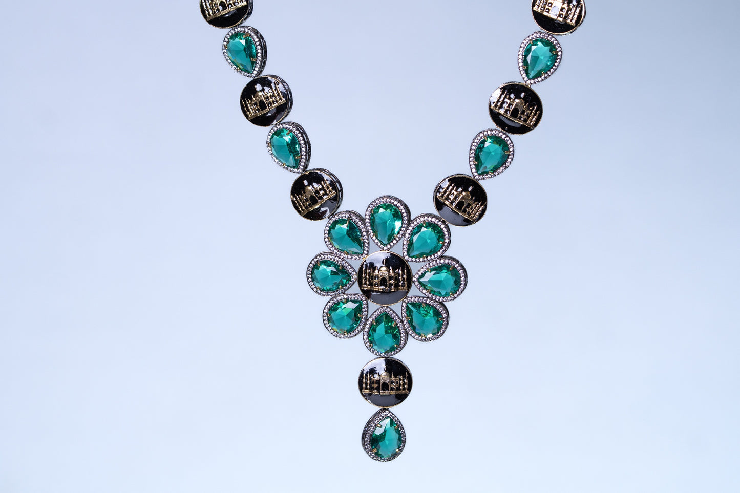 Emerald Green with American Diamonds Zirconia and Black Enamel Mughal Heritage Designer Necklace