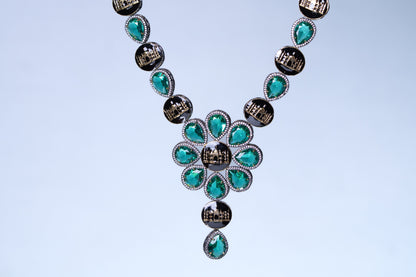 Emerald Green with American Diamonds Zirconia and Black Enamel Mughal Heritage Designer Necklace