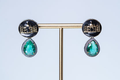 Emerald Green with American Diamonds Zirconia and Black Enamel Mughal Heritage Designer Necklace