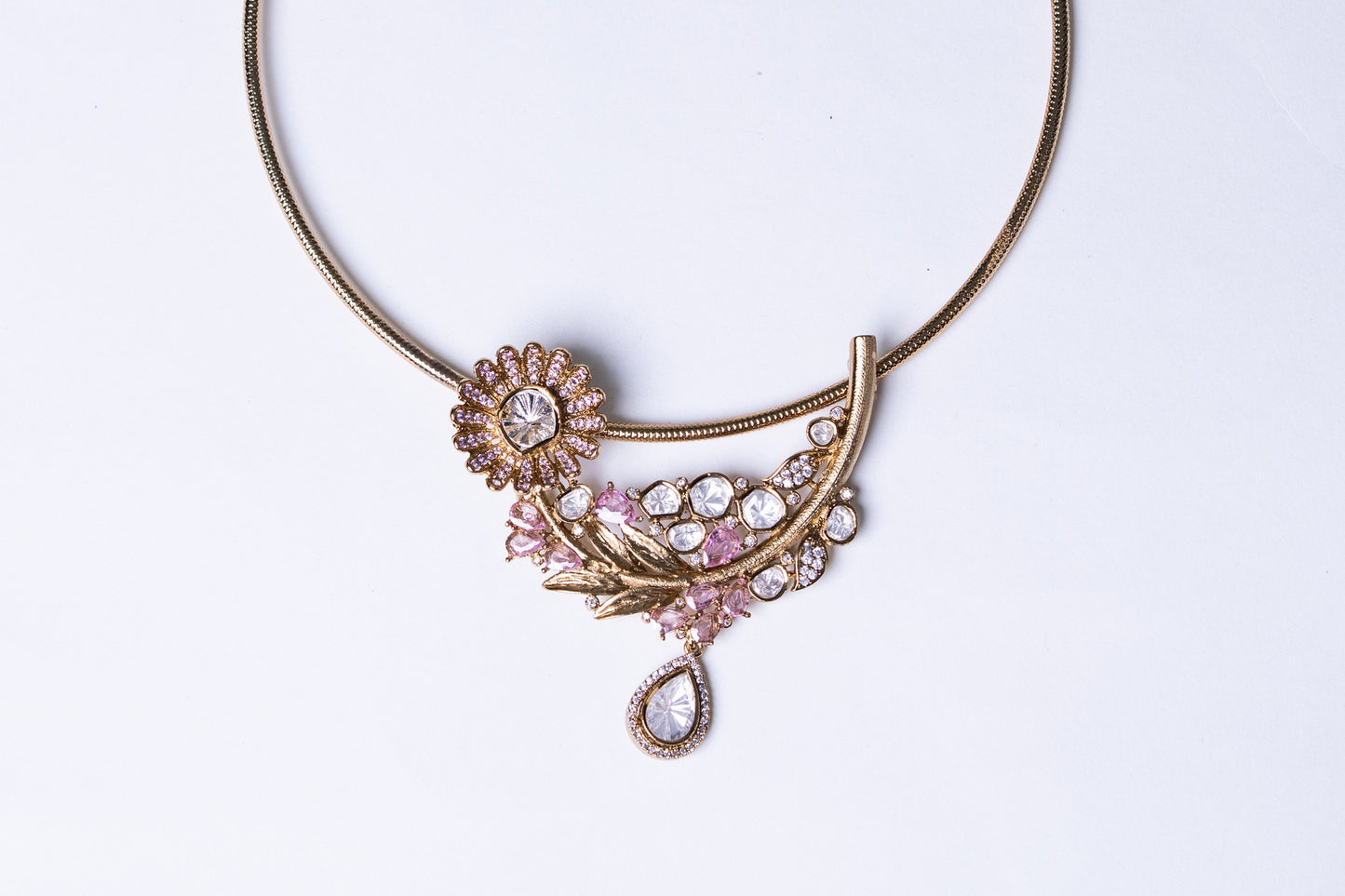 Italian Design with Polki Moissanite and Pink American Diamonds Gold Plated Hasli Necklace