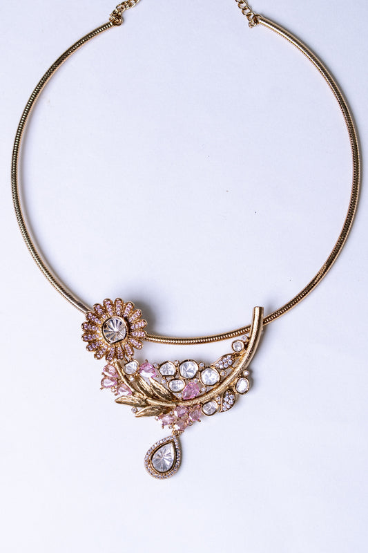 Italian Design with Polki Moissanite and Pink American Diamonds Gold Plated Hasli Necklace
