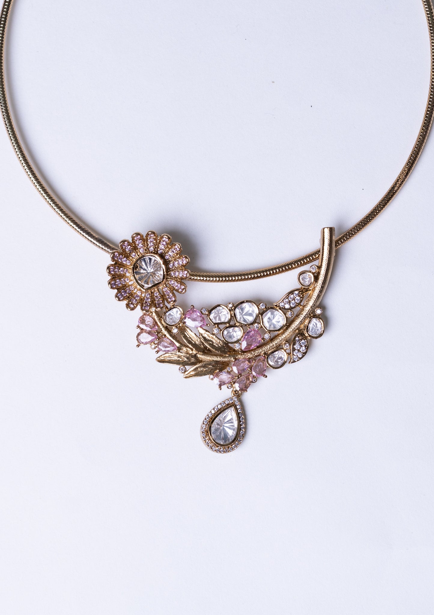 Italian Design with Polki Moissanite and Pink American Diamonds Gold Plated Hasli Necklace