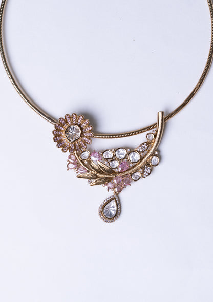 Italian Design with Polki Moissanite and Pink American Diamonds Gold Plated Hasli Necklace