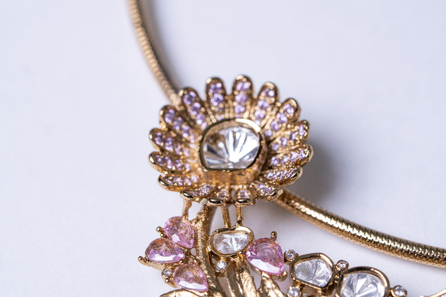 Italian Design with Polki Moissanite and Pink American Diamonds Gold Plated Hasli Necklace