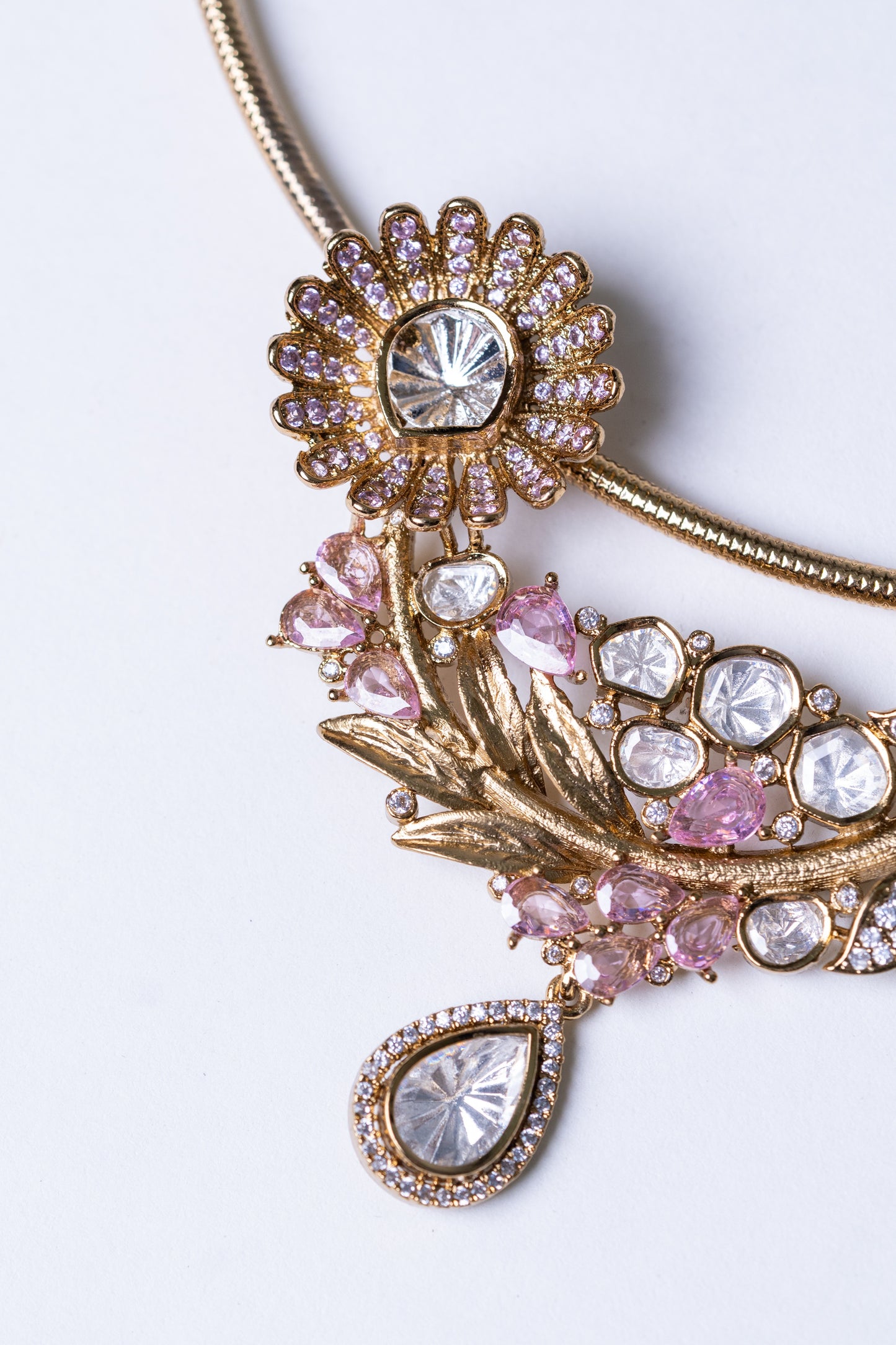Italian Design with Polki Moissanite and Pink American Diamonds Gold Plated Hasli Necklace