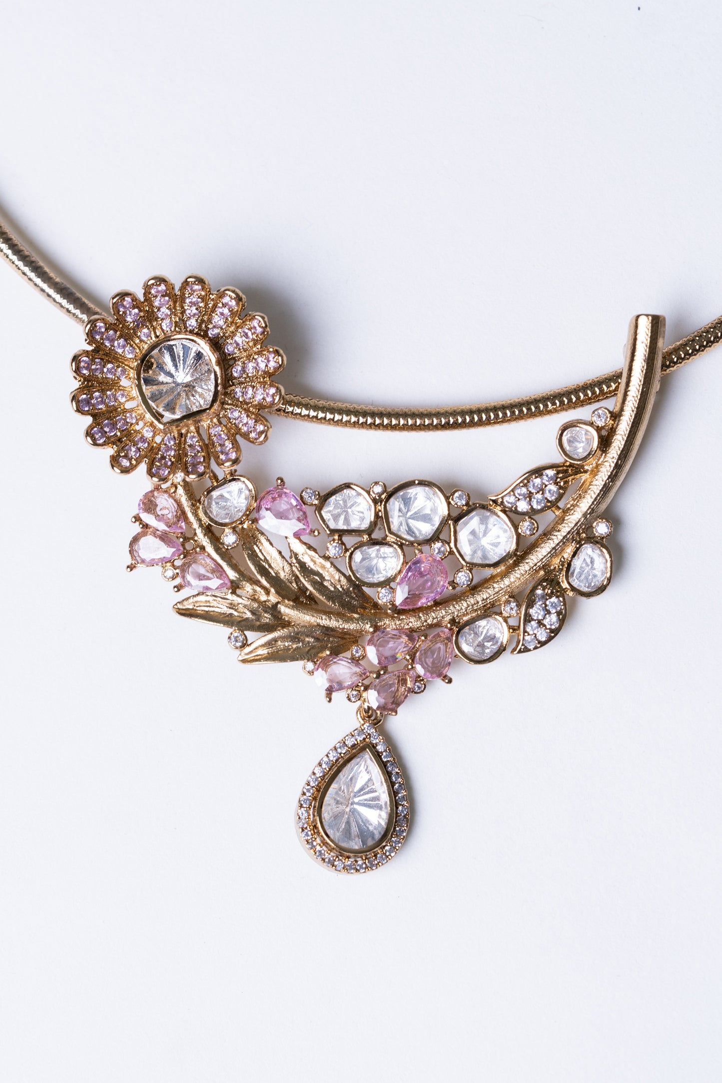 Italian Design with Polki Moissanite and Pink American Diamonds Gold Plated Hasli Necklace