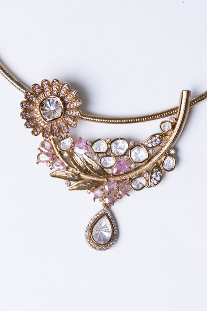 Italian Design with Polki Moissanite and Pink American Diamonds Gold Plated Hasli Necklace