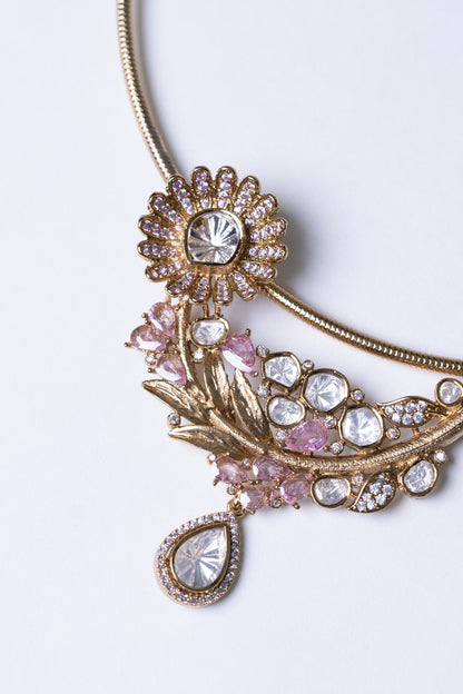 Italian Design with Polki Moissanite and Pink American Diamonds Gold Plated Hasli Necklace