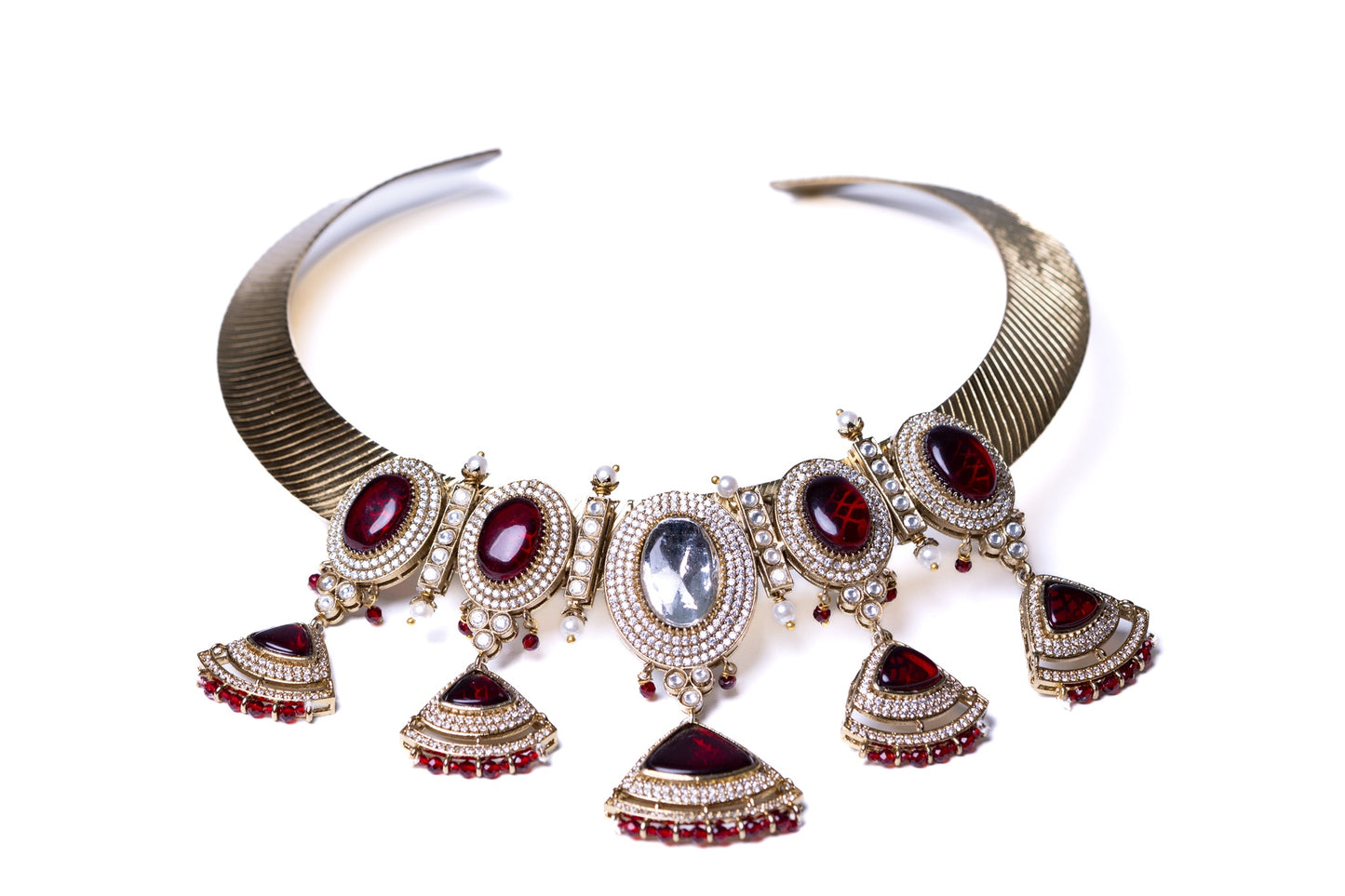 Ruby Stone Polki Moissanite and American Diamonds Zirconia Hasli Necklace