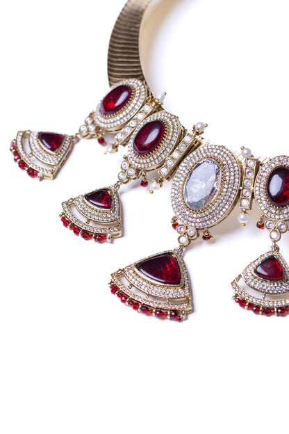 Ruby Stone Polki Moissanite and American Diamonds Zirconia Hasli Necklace