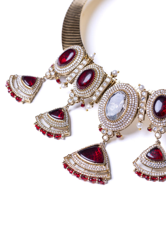 Ruby Stone Polki Moissanite and American Diamonds Zirconia Hasli Necklace