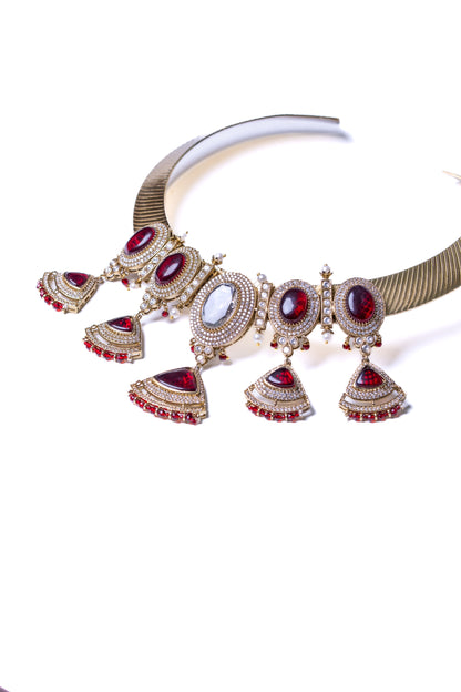 Ruby Stone Polki Moissanite and American Diamonds Zirconia Hasli Necklace