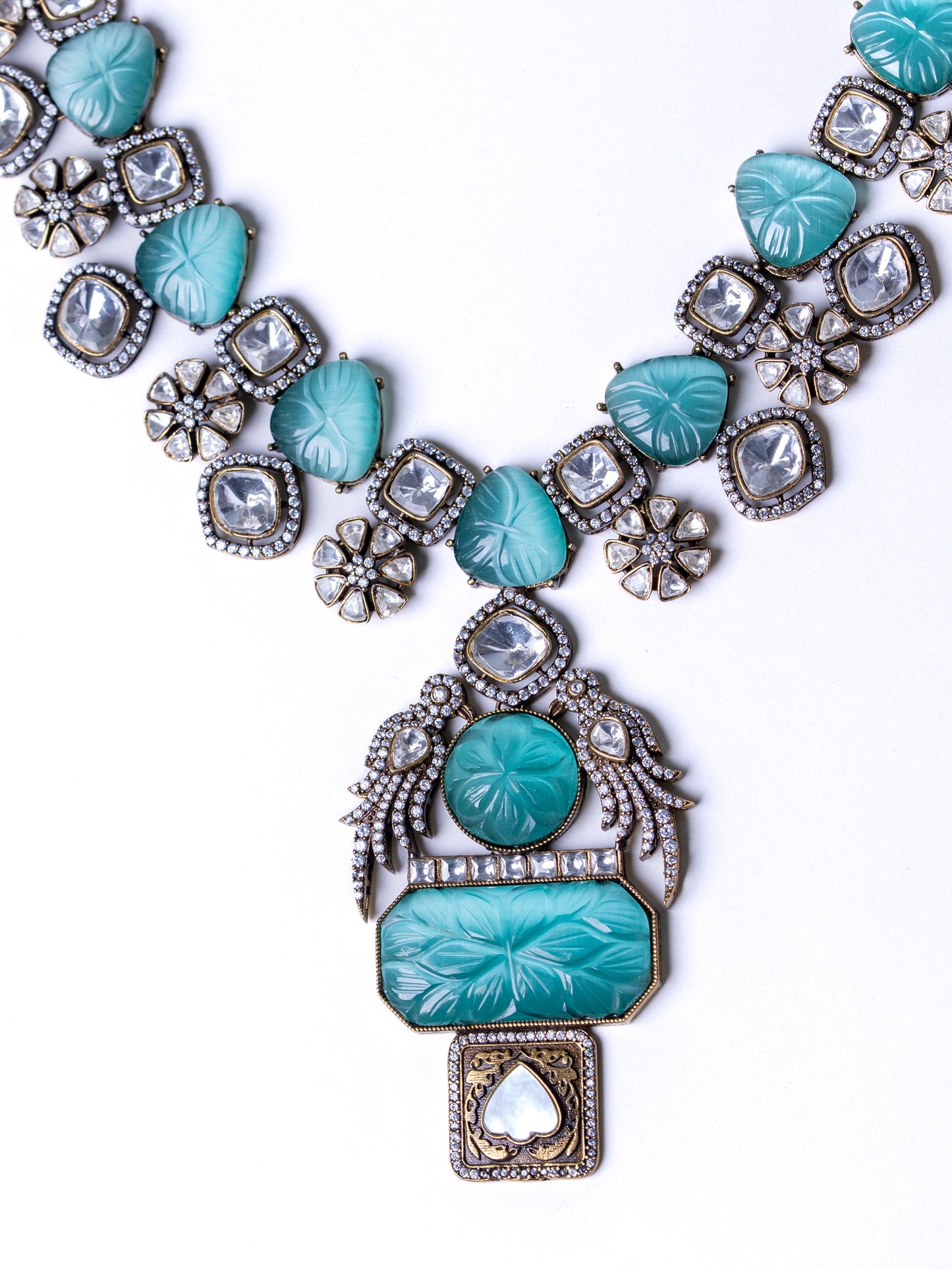 Turkish Carved Tourmaline Turquoise Green Stones with Uncut Polki Moissanite and American Diamonds Zirconia Designer Necklace