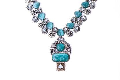 Turkish Carved Tourmaline Turquoise Green Stones with Uncut Polki Moissanite and American Diamonds Zirconia Designer Necklace