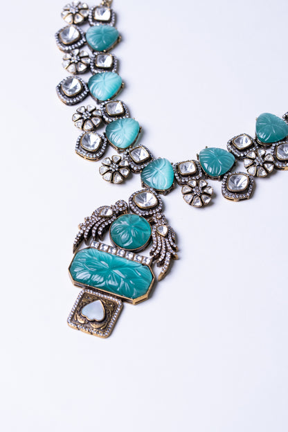 Turkish Carved Tourmaline Turquoise Green Stones with Uncut Polki Moissanite and American Diamonds Zirconia Designer Necklace
