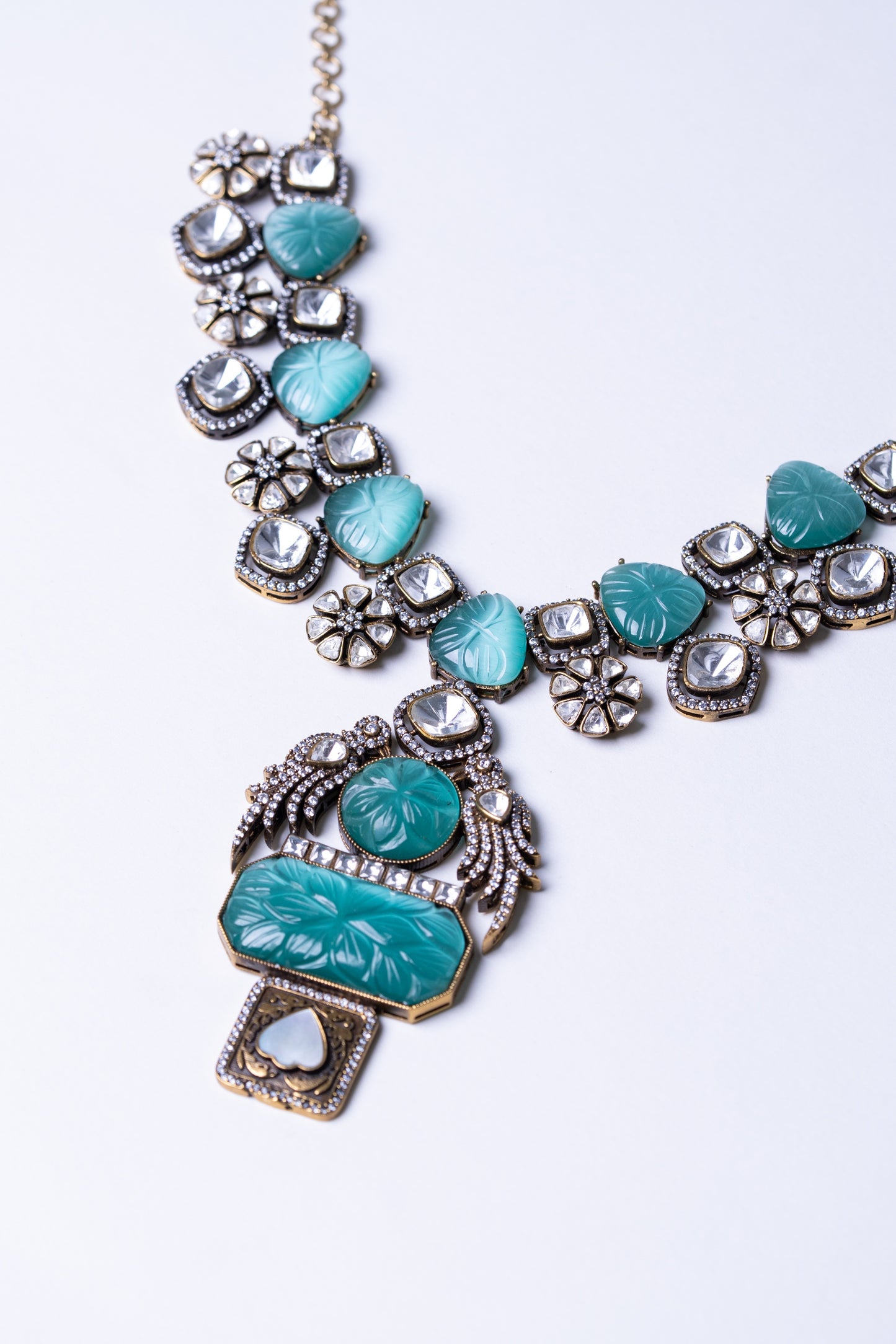 Turkish Carved Tourmaline Turquoise Green Stones with Uncut Polki Moissanite and American Diamonds Zirconia Designer Necklace
