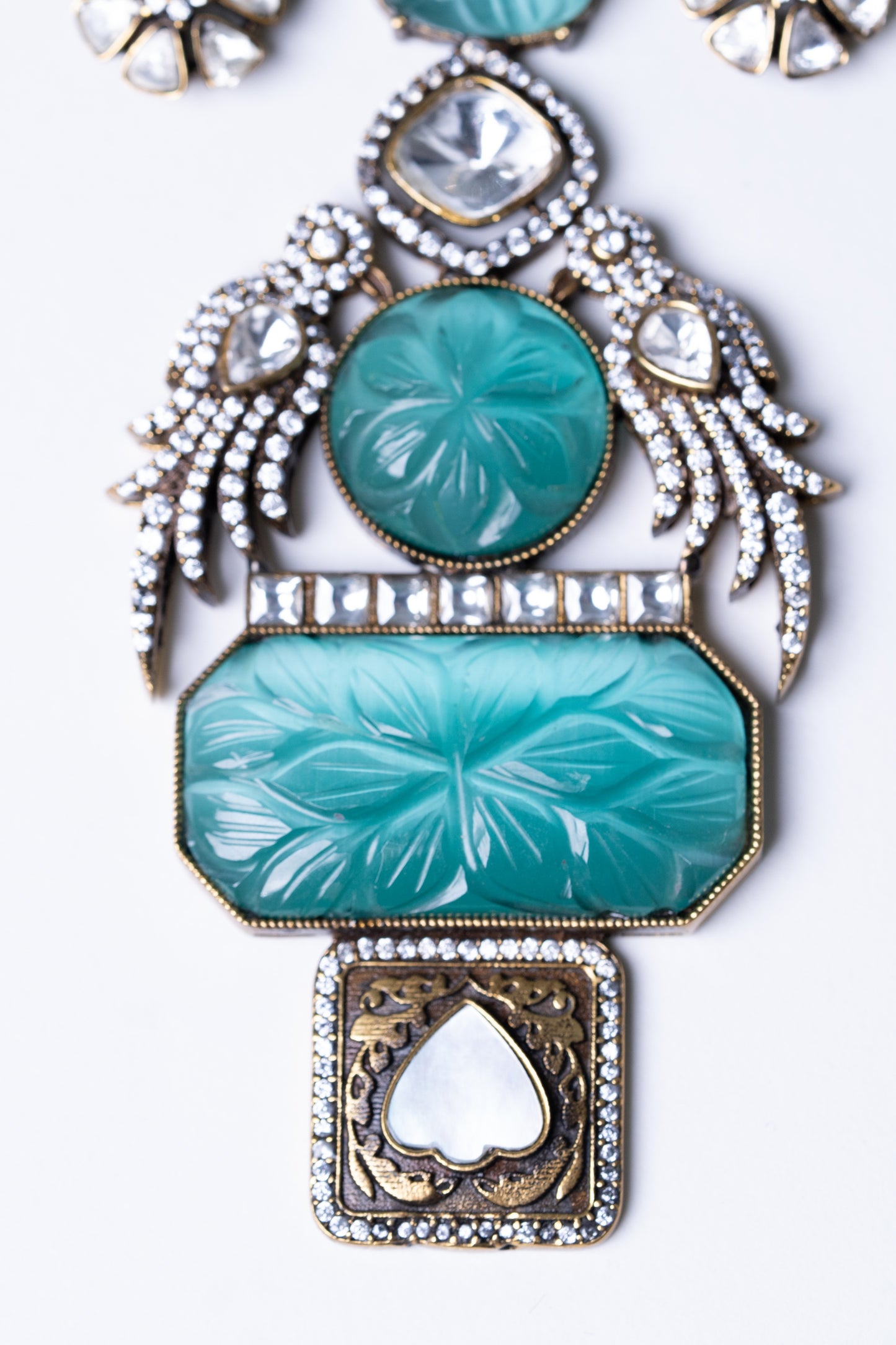 Turkish Carved Tourmaline Turquoise Green Stones with Uncut Polki Moissanite and American Diamonds Zirconia Designer Necklace