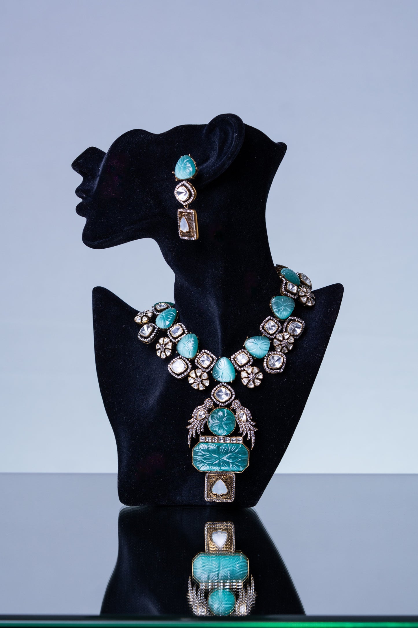 Turkish Carved Tourmaline Turquoise Green Stones with Uncut Polki Moissanite and American Diamonds Zirconia Designer Necklace