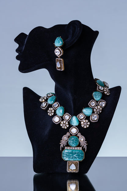 Turkish Carved Tourmaline Turquoise Green Stones with Uncut Polki Moissanite and American Diamonds Zirconia Designer Necklace