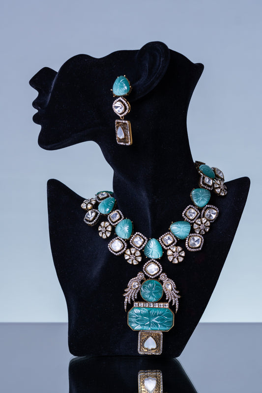 Turkish Carved Tourmaline Turquoise Green Stones with Uncut Polki Moissanite and American Diamonds Zirconia Designer Necklace