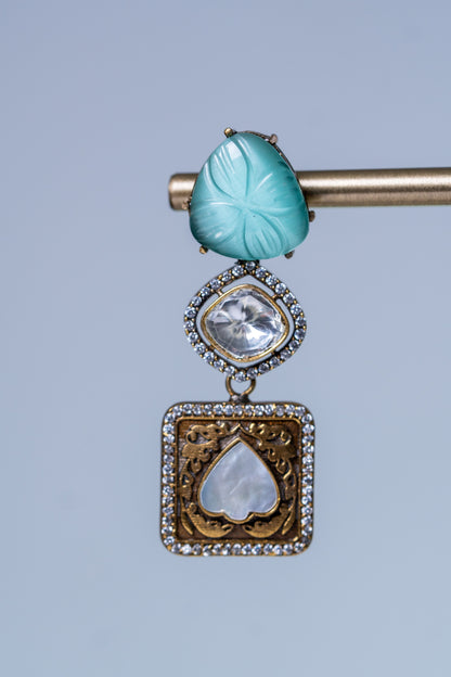 Turkish Carved Tourmaline Turquoise Green Stones with Uncut Polki Moissanite and American Diamonds Zirconia Designer Necklace