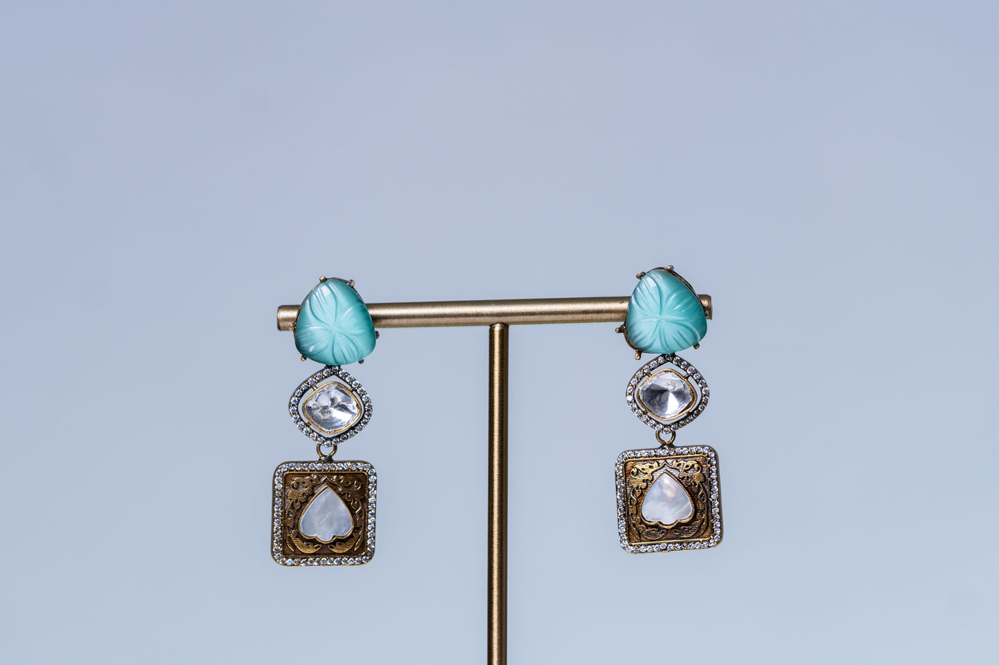 Turkish Carved Tourmaline Turquoise Green Stones with Uncut Polki Moissanite and American Diamonds Zirconia Designer Necklace