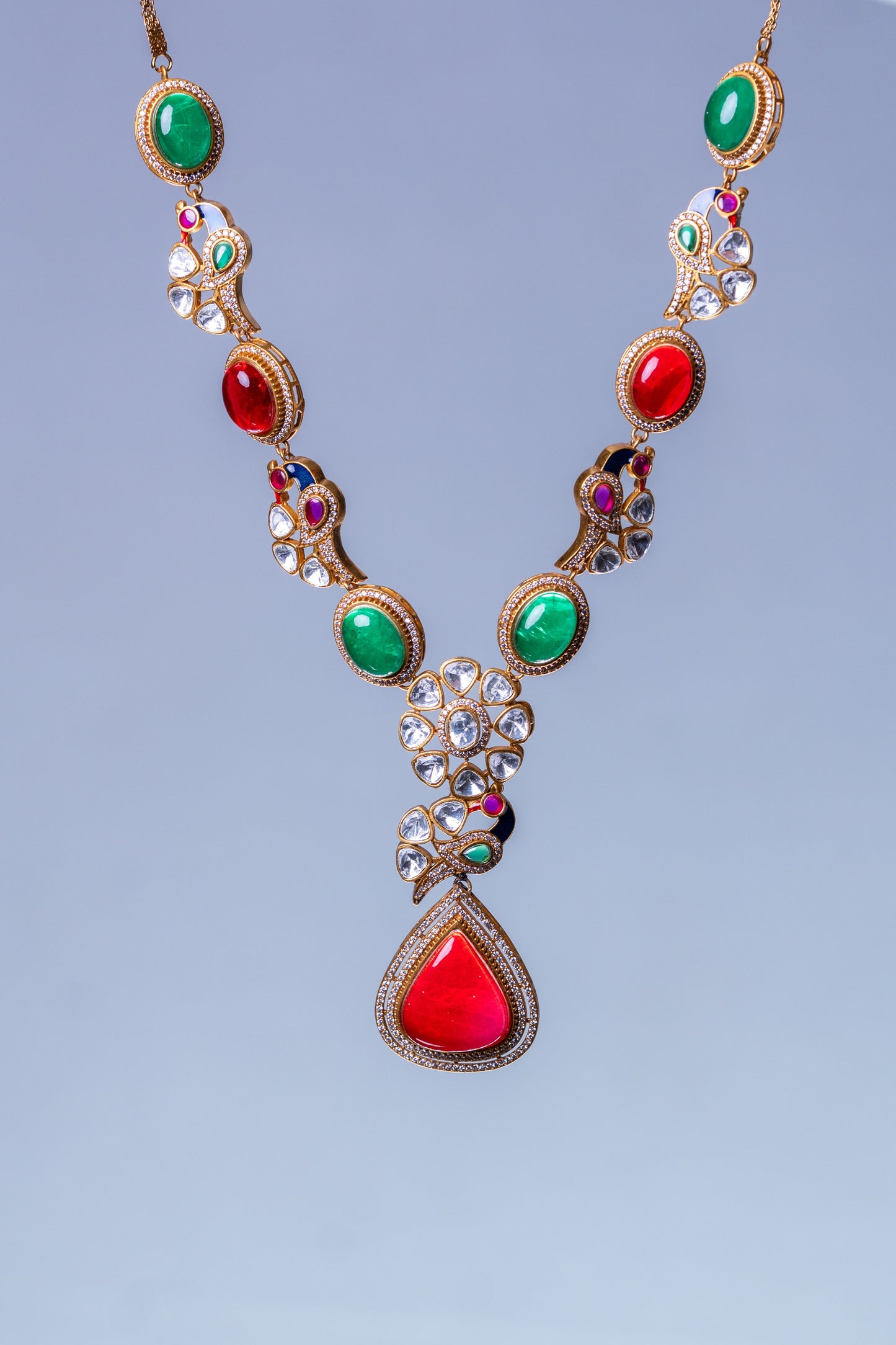 Royal Multicolor Natural Gemstones and Kundan Polki Moissanite Designer Necklace