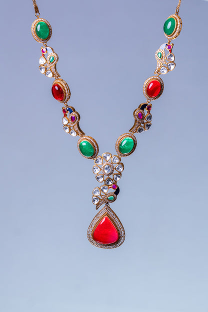 Royal Multicolor Natural Gemstones and Kundan Polki Moissanite Designer Necklace