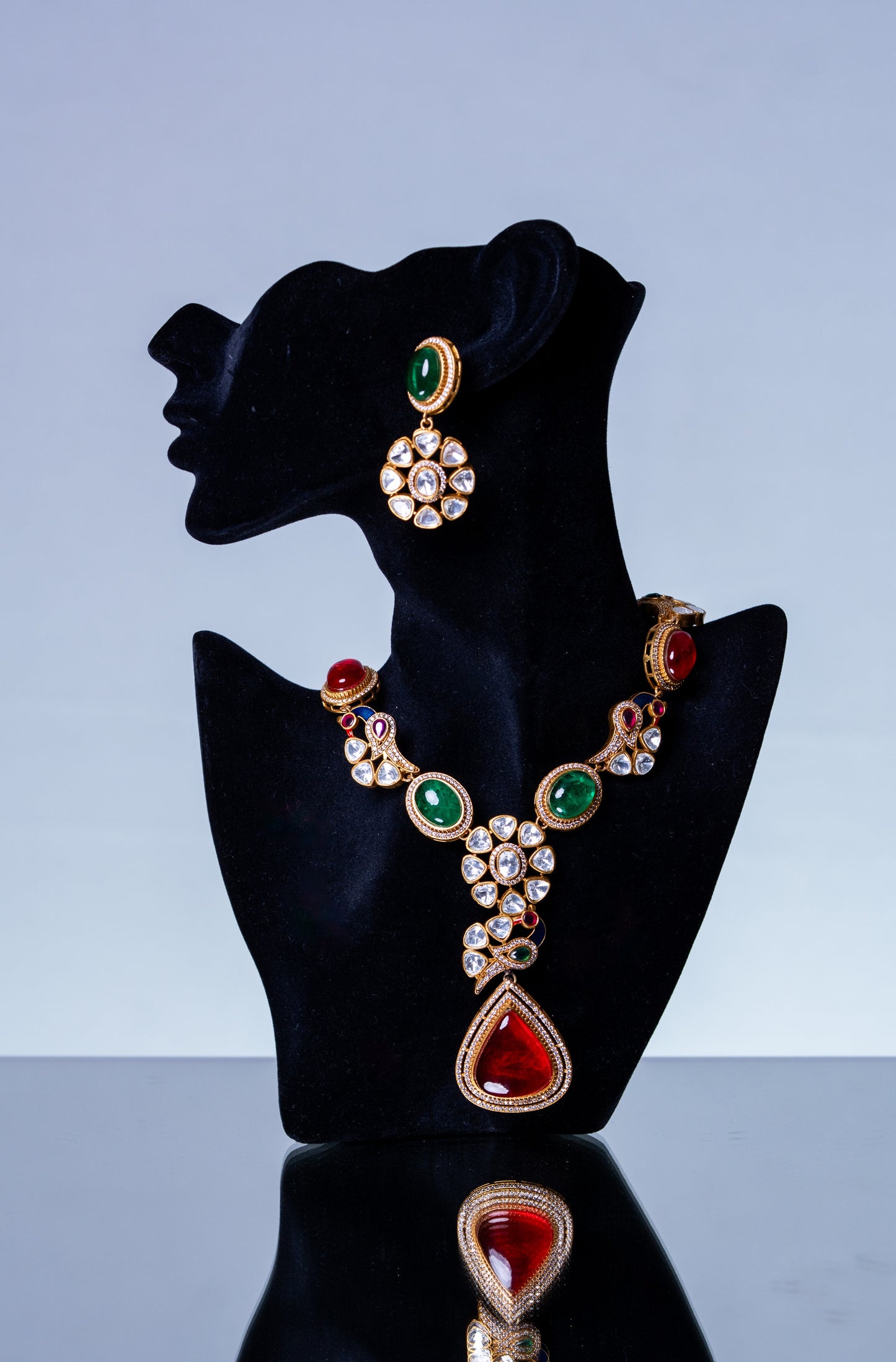 Royal Multicolor Natural Gemstones and Kundan Polki Moissanite Designer Necklace