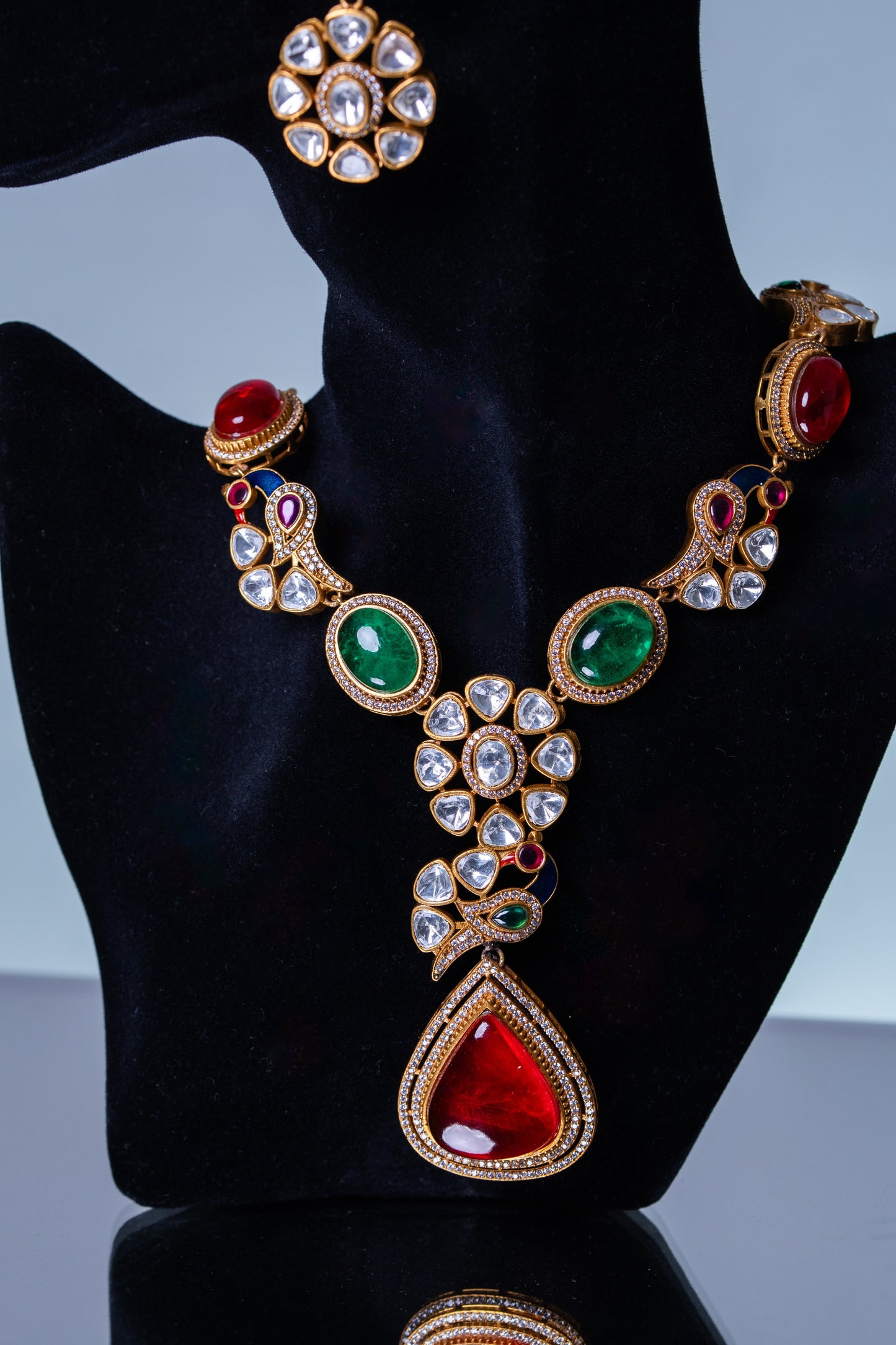 Royal Multicolor Natural Gemstones and Kundan Polki Moissanite Designer Necklace
