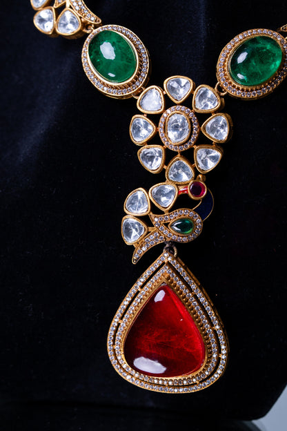 Royal Multicolor Natural Gemstones and Kundan Polki Moissanite Designer Necklace