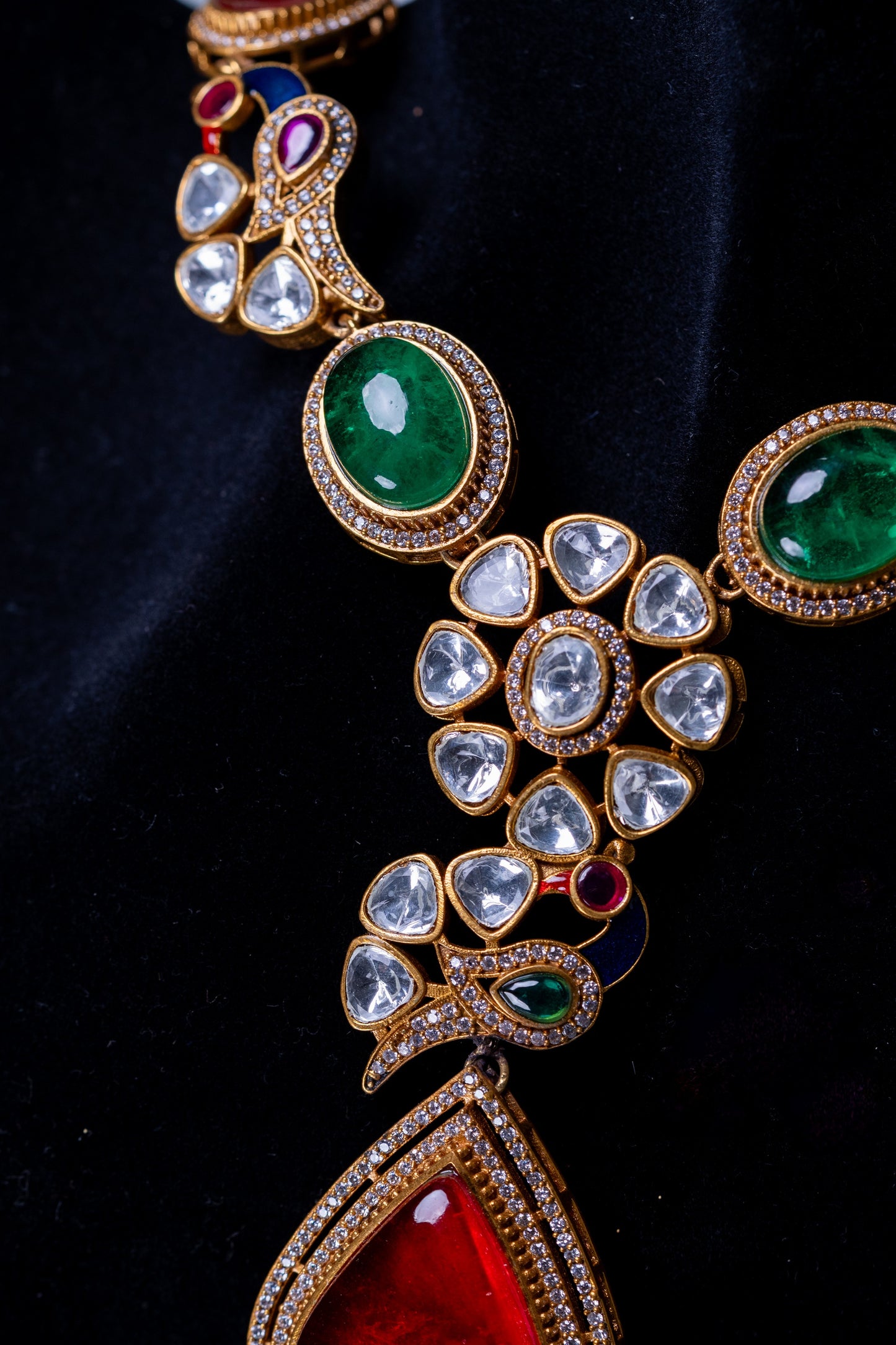 Royal Multicolor Natural Gemstones and Kundan Polki Moissanite Designer Necklace