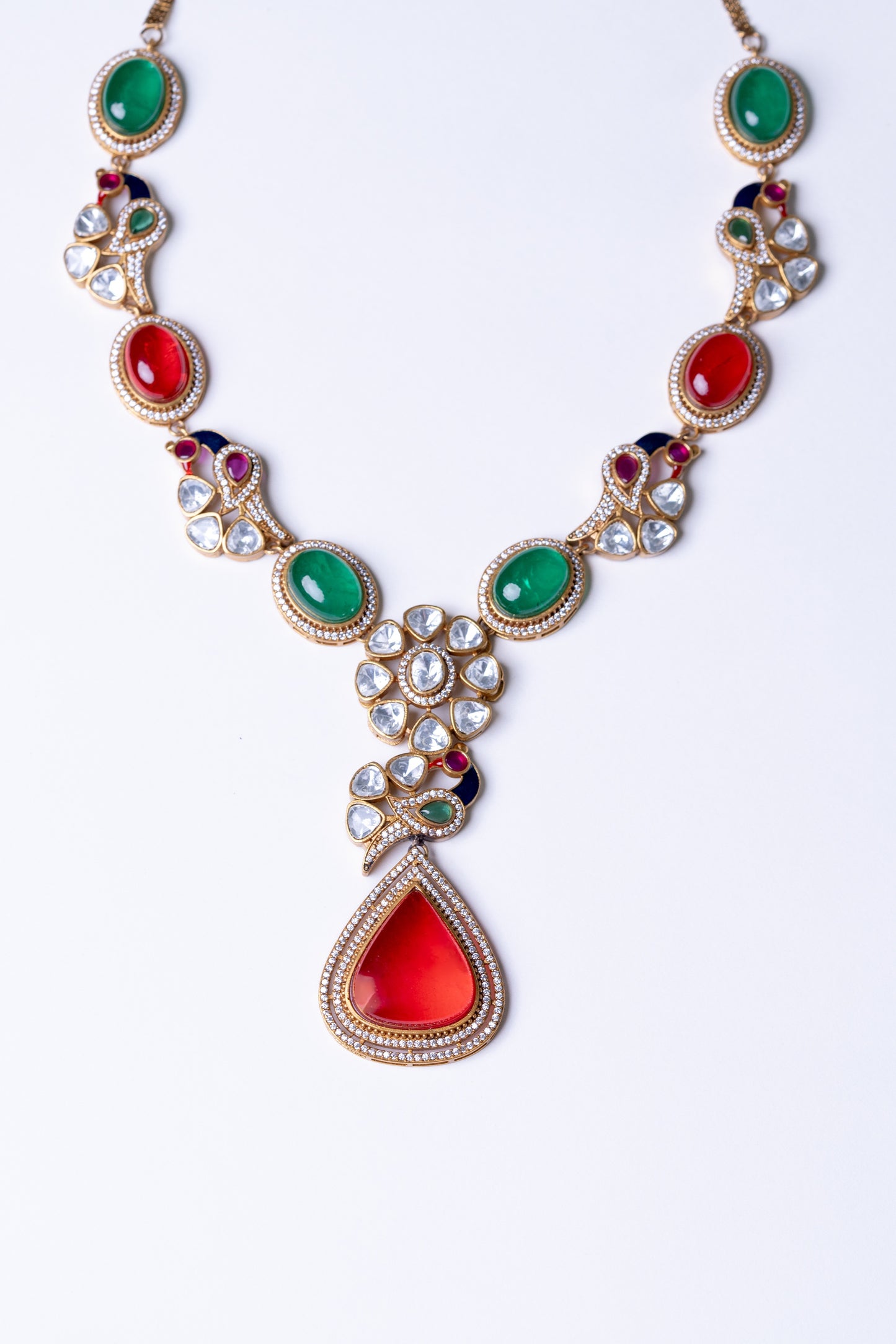 Royal Multicolor Natural Gemstones and Kundan Polki Moissanite Designer Necklace